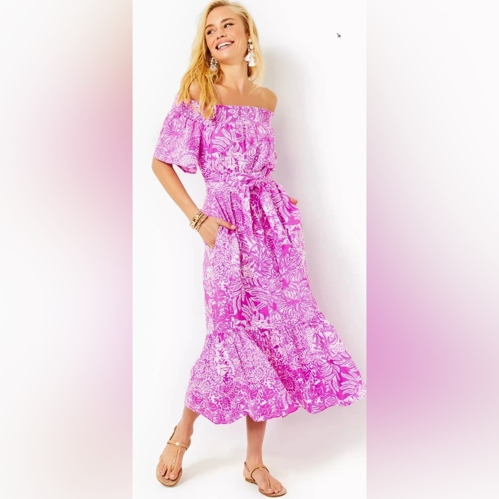 Lilly Pulitzer Isbell Off the Shoulder Dress Wild Fuchsia Swipe Right Print XS